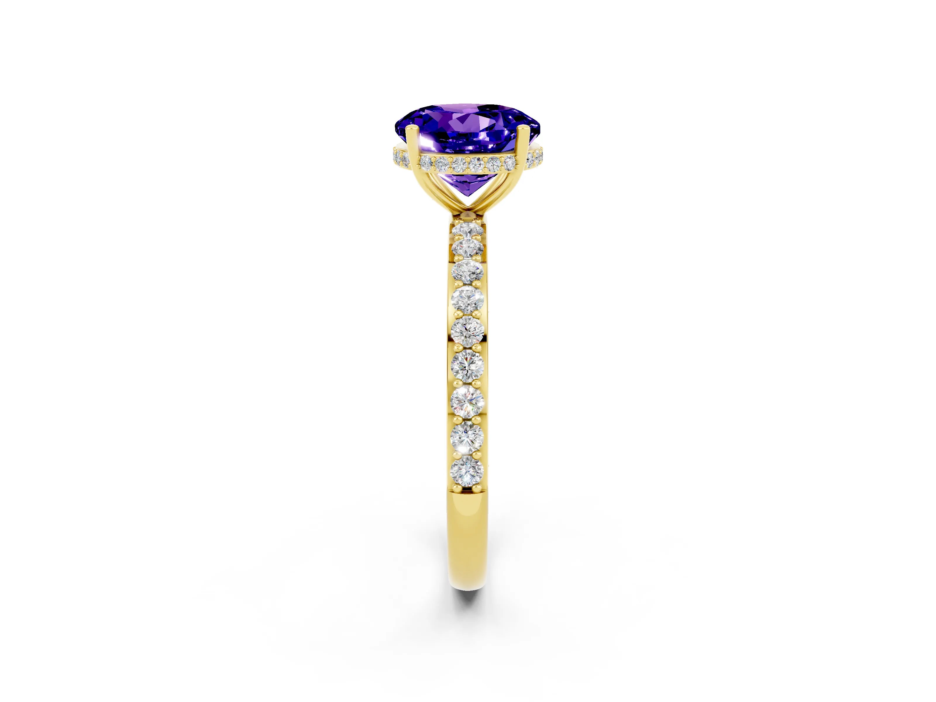 Yellow gold Round Cut Tanzanite Solitaire Ring with Pavé Band and Hidden Halo_14