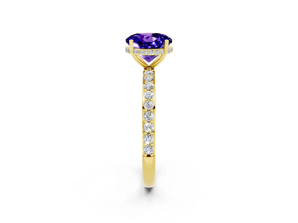 Yellow gold Round Cut Tanzanite Solitaire Ring with Pavé Band and Hidden Halo