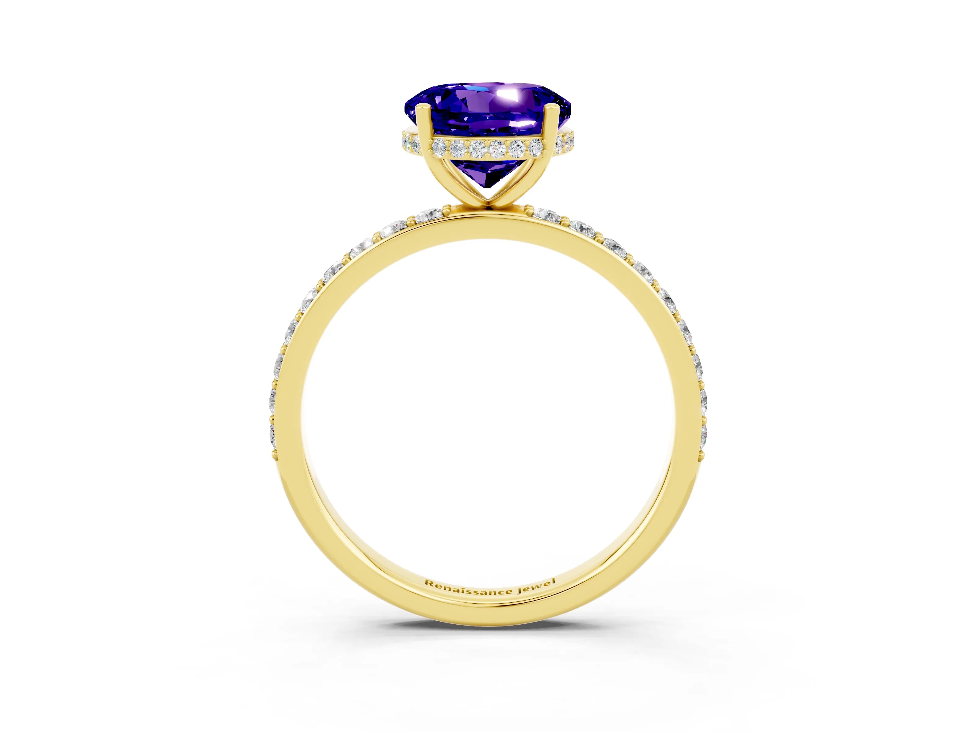 Yellow gold Round Cut Tanzanite Solitaire Ring with Pavé Band and Hidden Halo_15