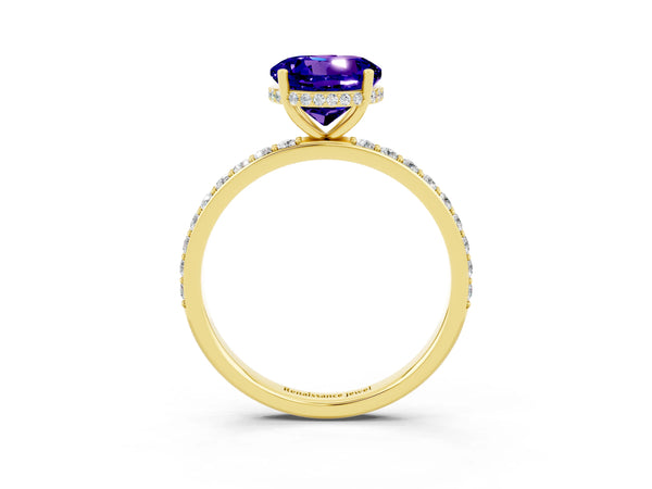 Yellow gold Round Cut Tanzanite Solitaire Ring with Pavé Band and Hidden Halo