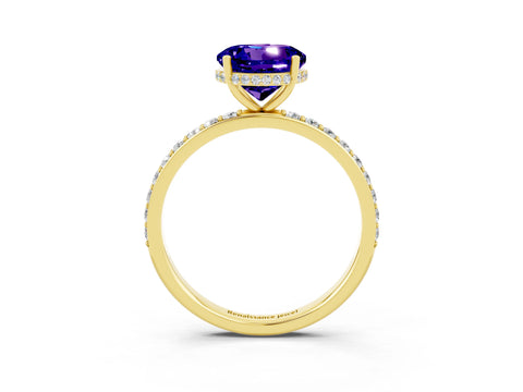 Yellow gold Round Cut Tanzanite Solitaire Ring with Pavé Band and Hidden Halo_15