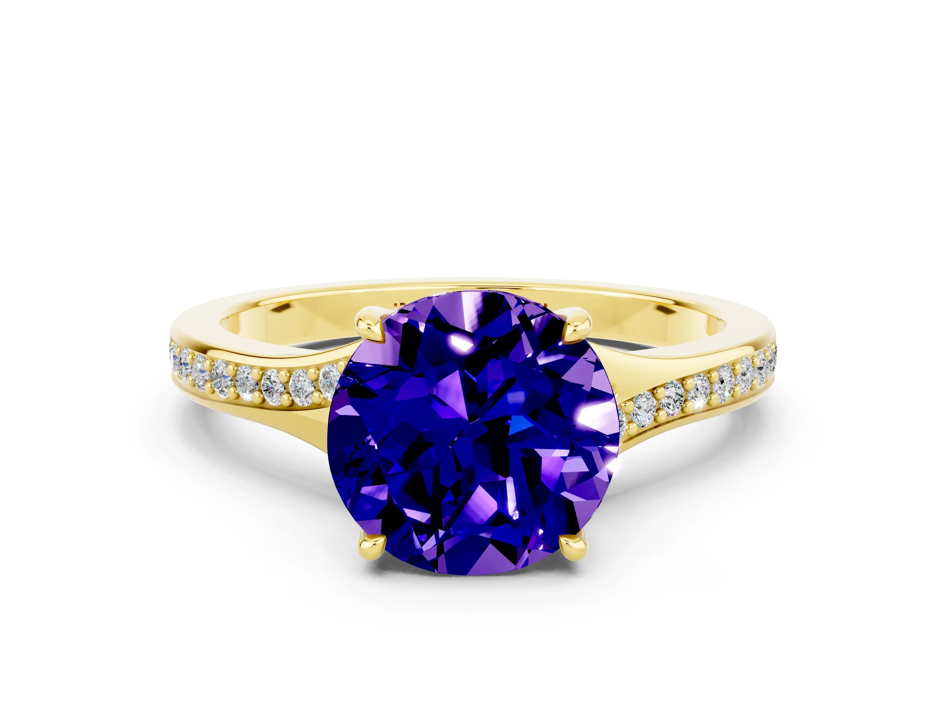 Yellow gold Round Cut Tanzanite Solitaire Ring with Pavé Band and Prong Setting_12