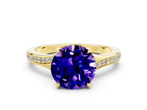 Yellow gold Round Cut Tanzanite Solitaire Ring with Pavé Band and Prong Setting_12
