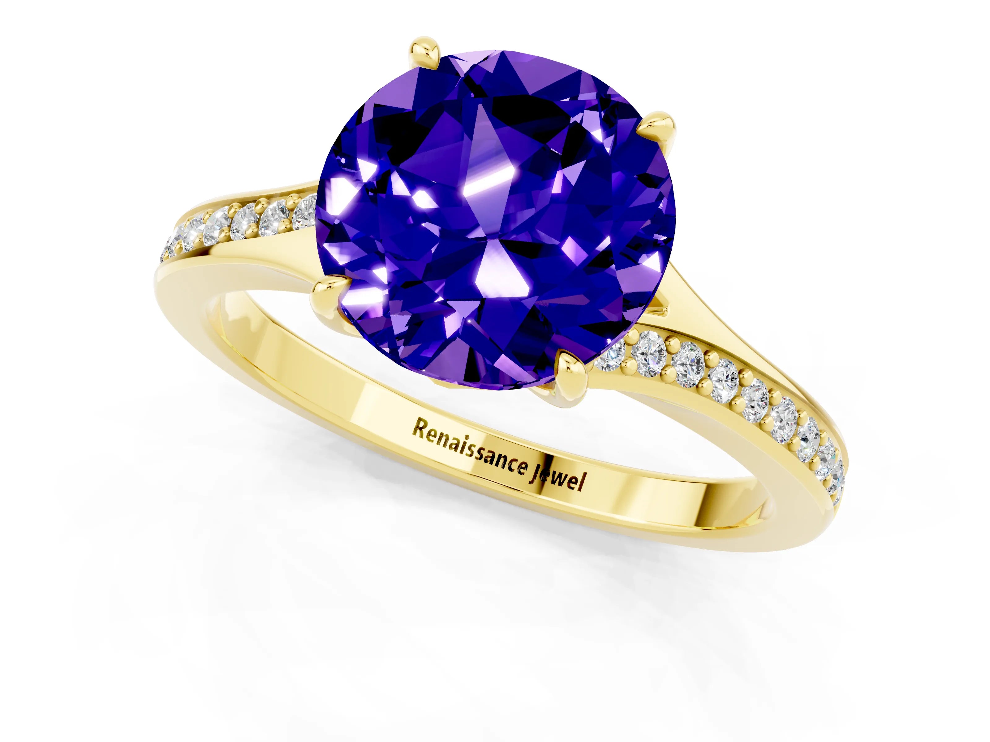 Yellow gold Round Cut Tanzanite Solitaire Ring with Pavé Band and Prong Setting_13