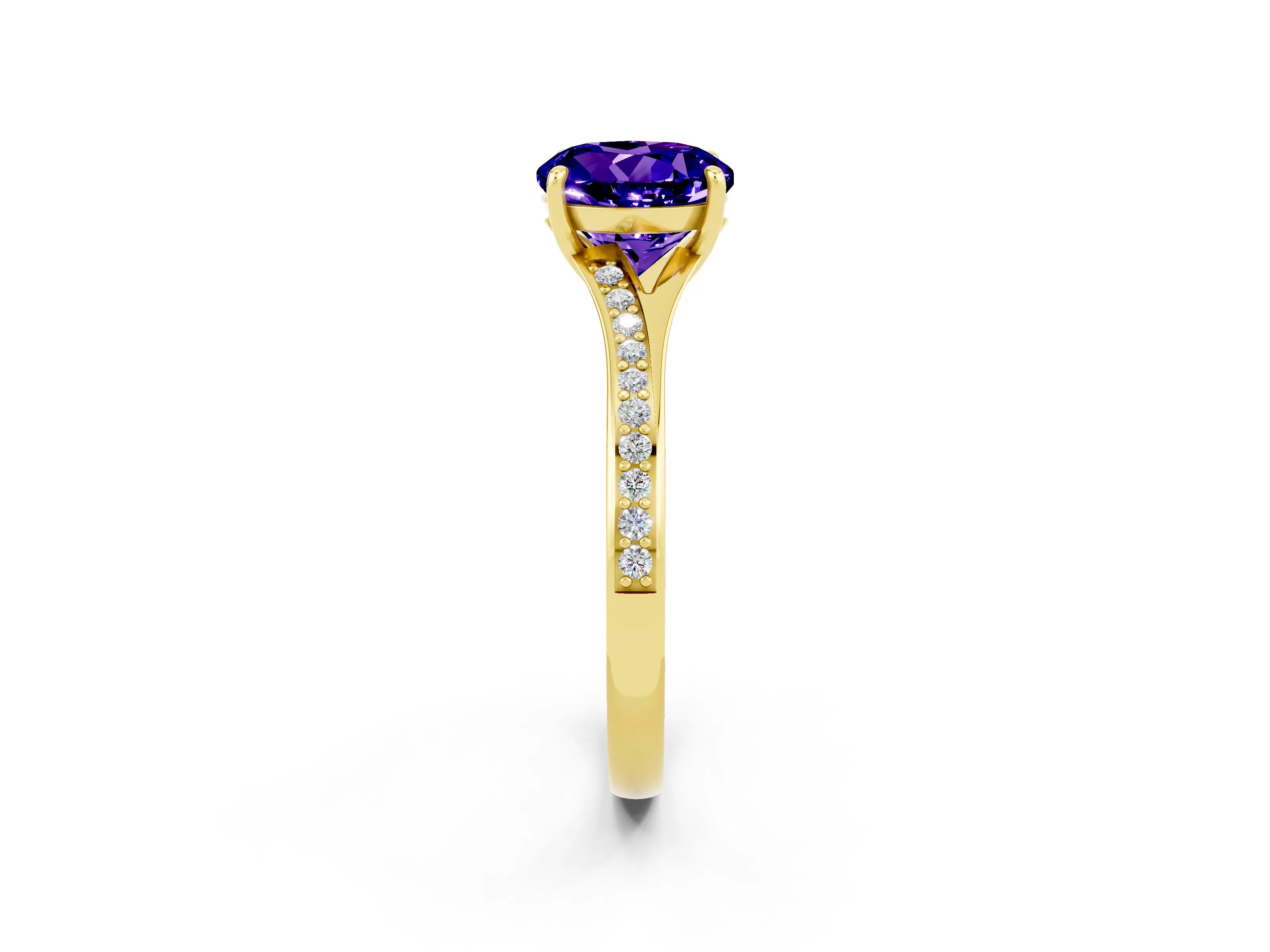 Yellow gold Round Cut Tanzanite Solitaire Ring with Pavé Band and Prong Setting_14