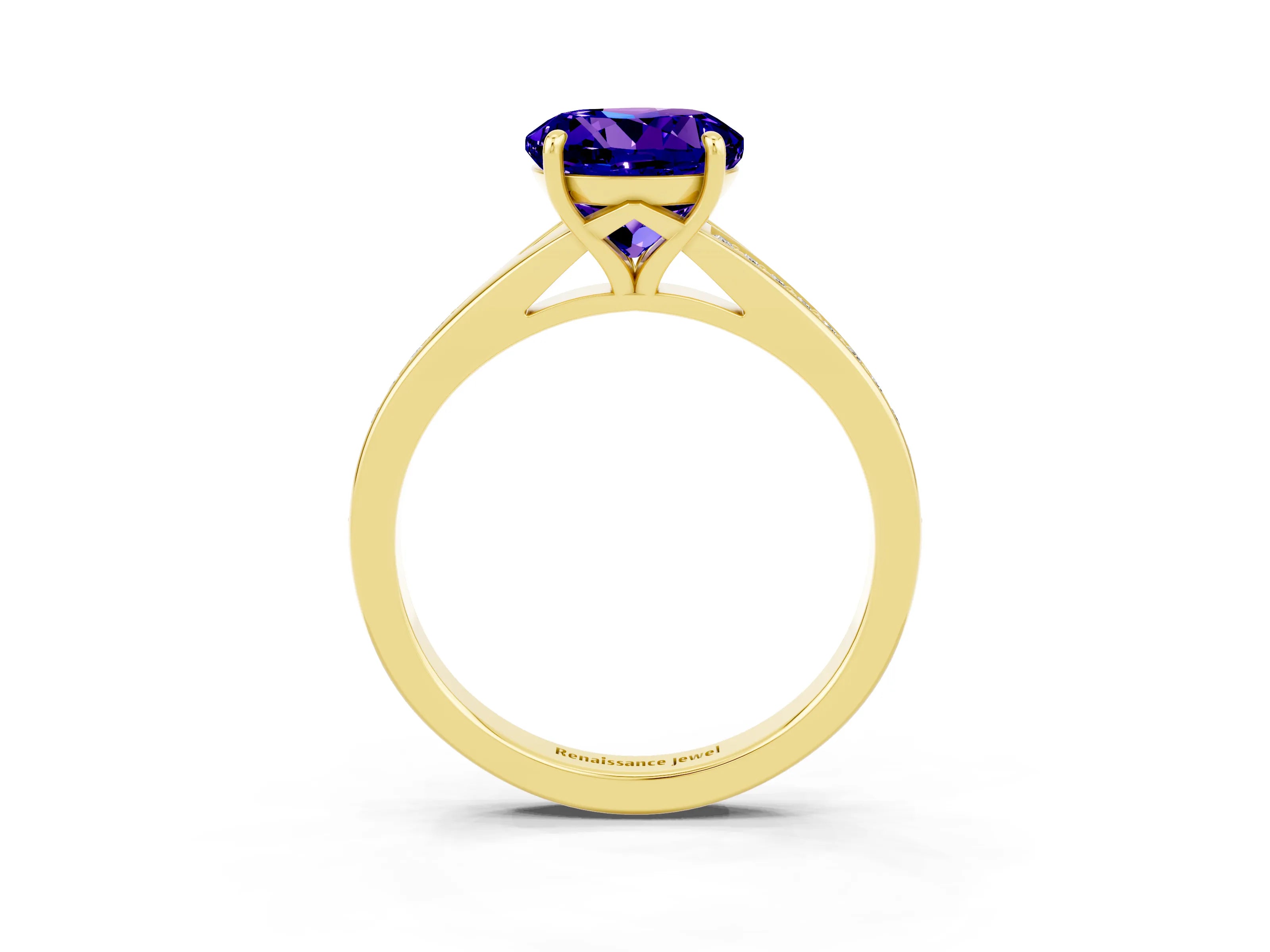 Yellow gold Round Cut Tanzanite Solitaire Ring with Pavé Band and Prong Setting_15