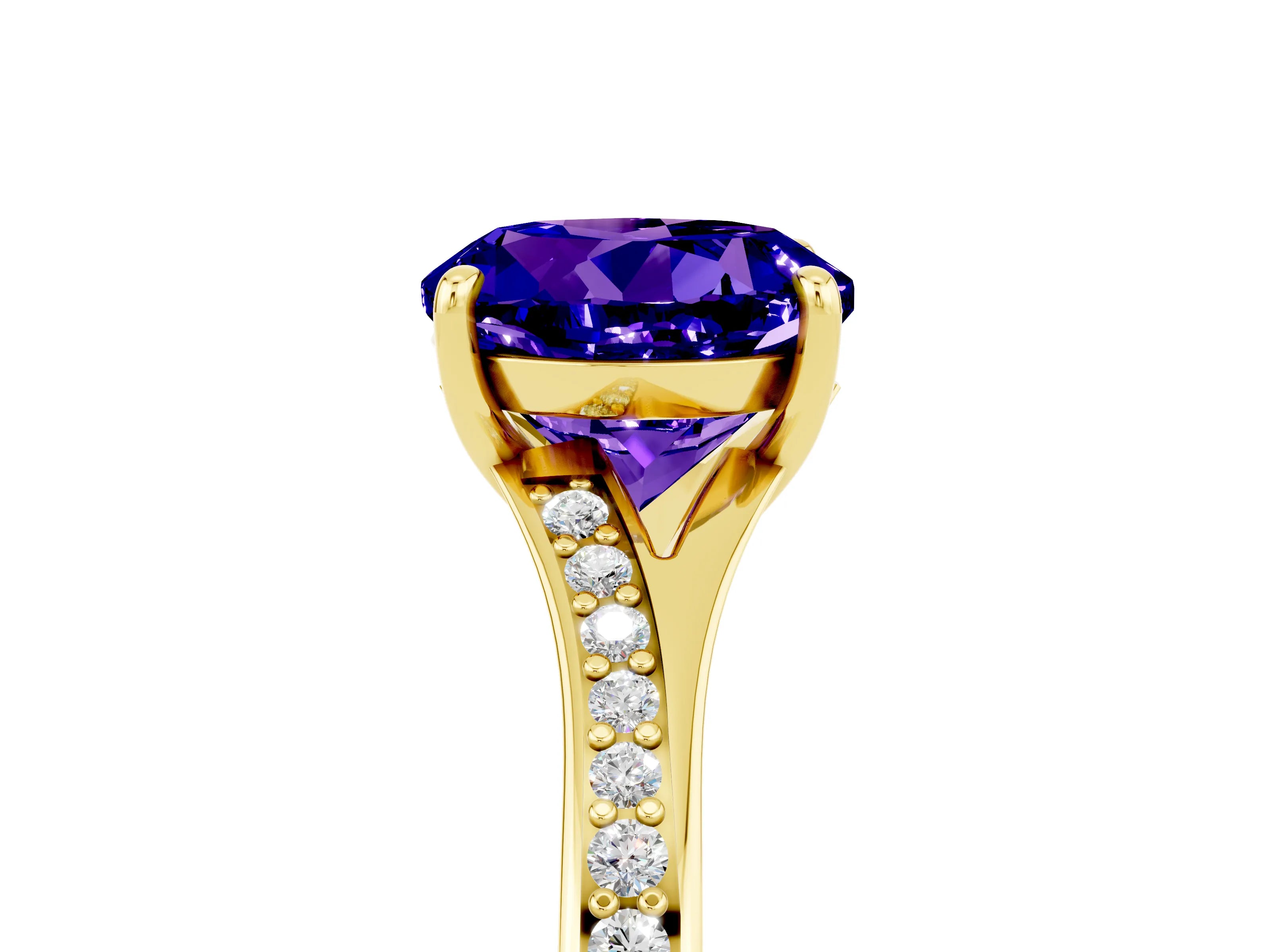 Yellow gold Round Cut Tanzanite Solitaire Ring with Pavé Band and Prong Setting_17