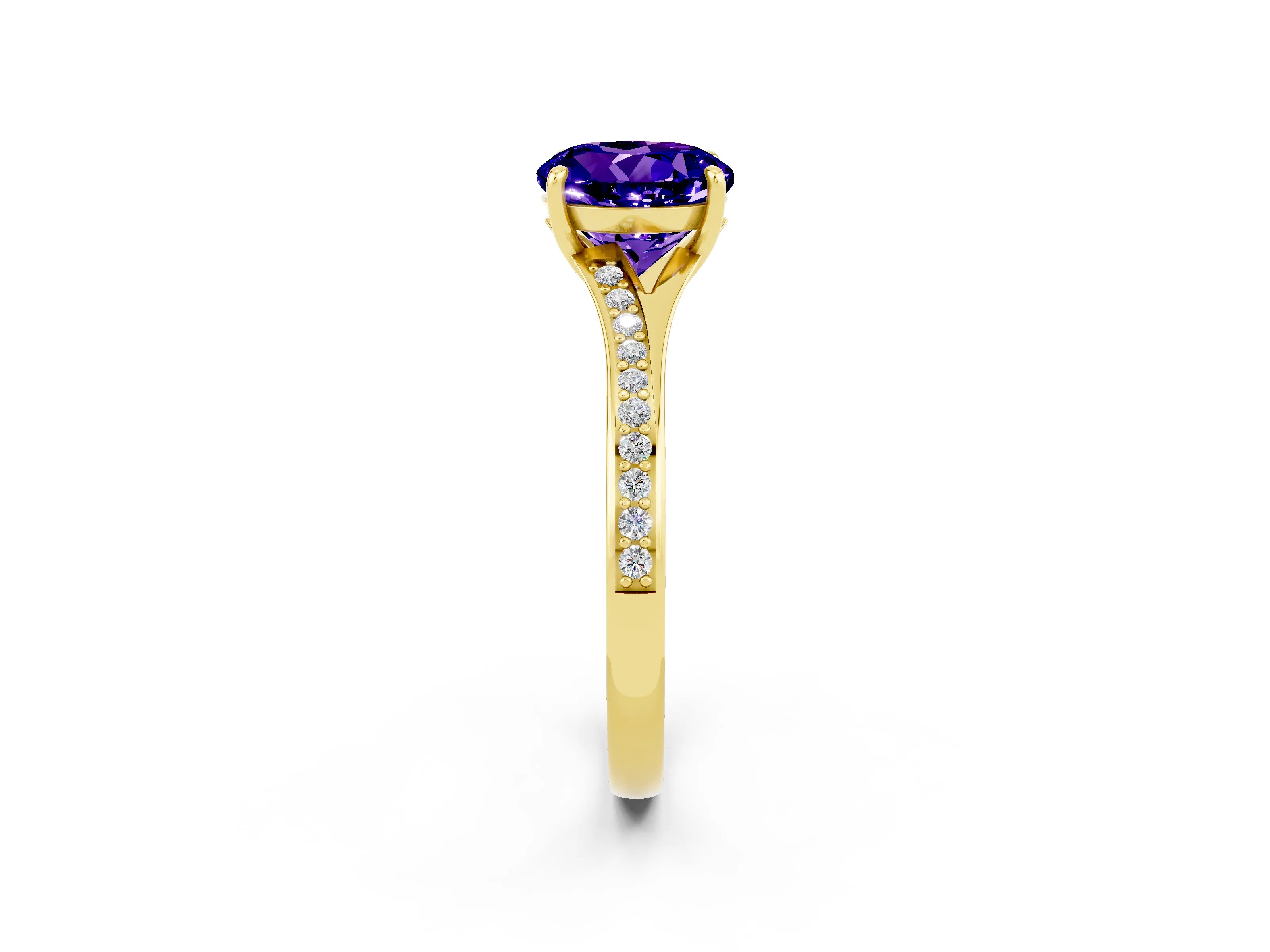 Yellow gold Round Cut Tanzanite Solitaire Ring with Pavé Band and Prong Setting_2