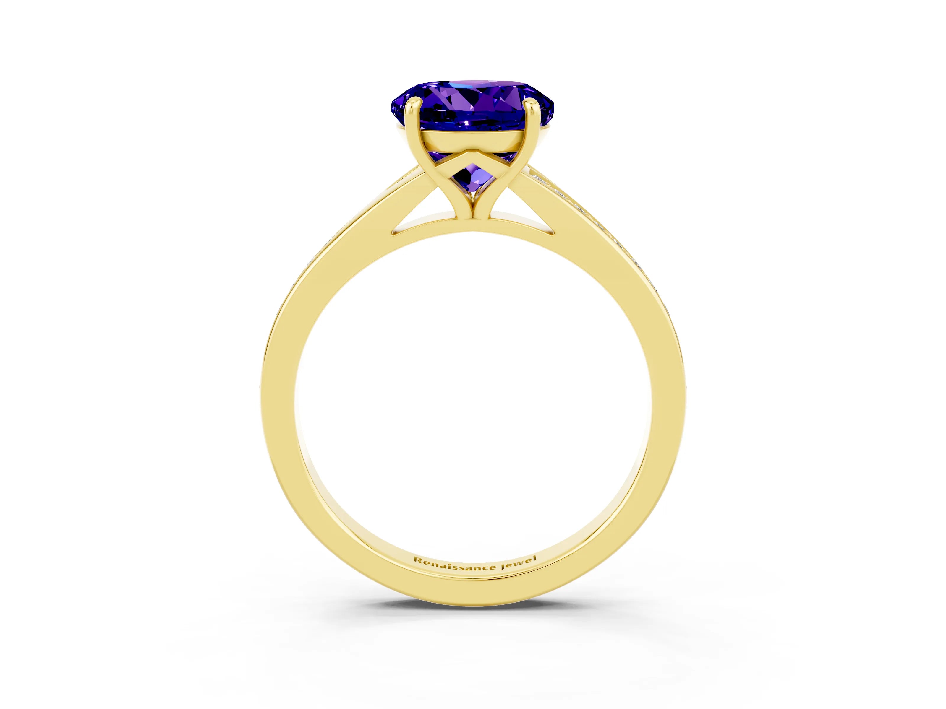 Yellow gold Round Cut Tanzanite Solitaire Ring with Pavé Band and Prong Setting_3