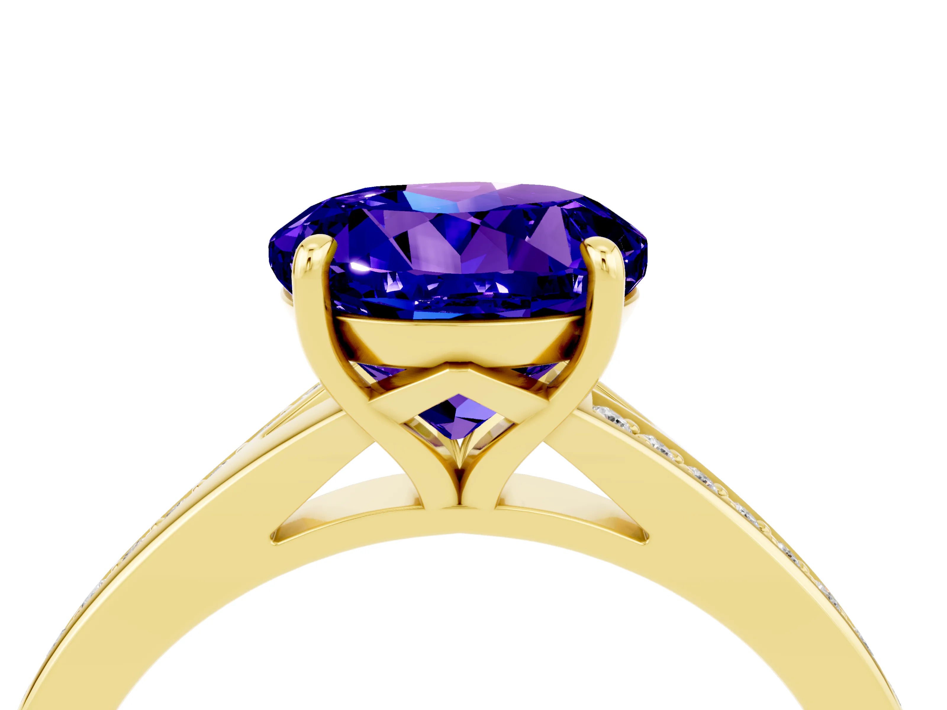 Yellow gold Round Cut Tanzanite Solitaire Ring with Pavé Band and Prong Setting_4