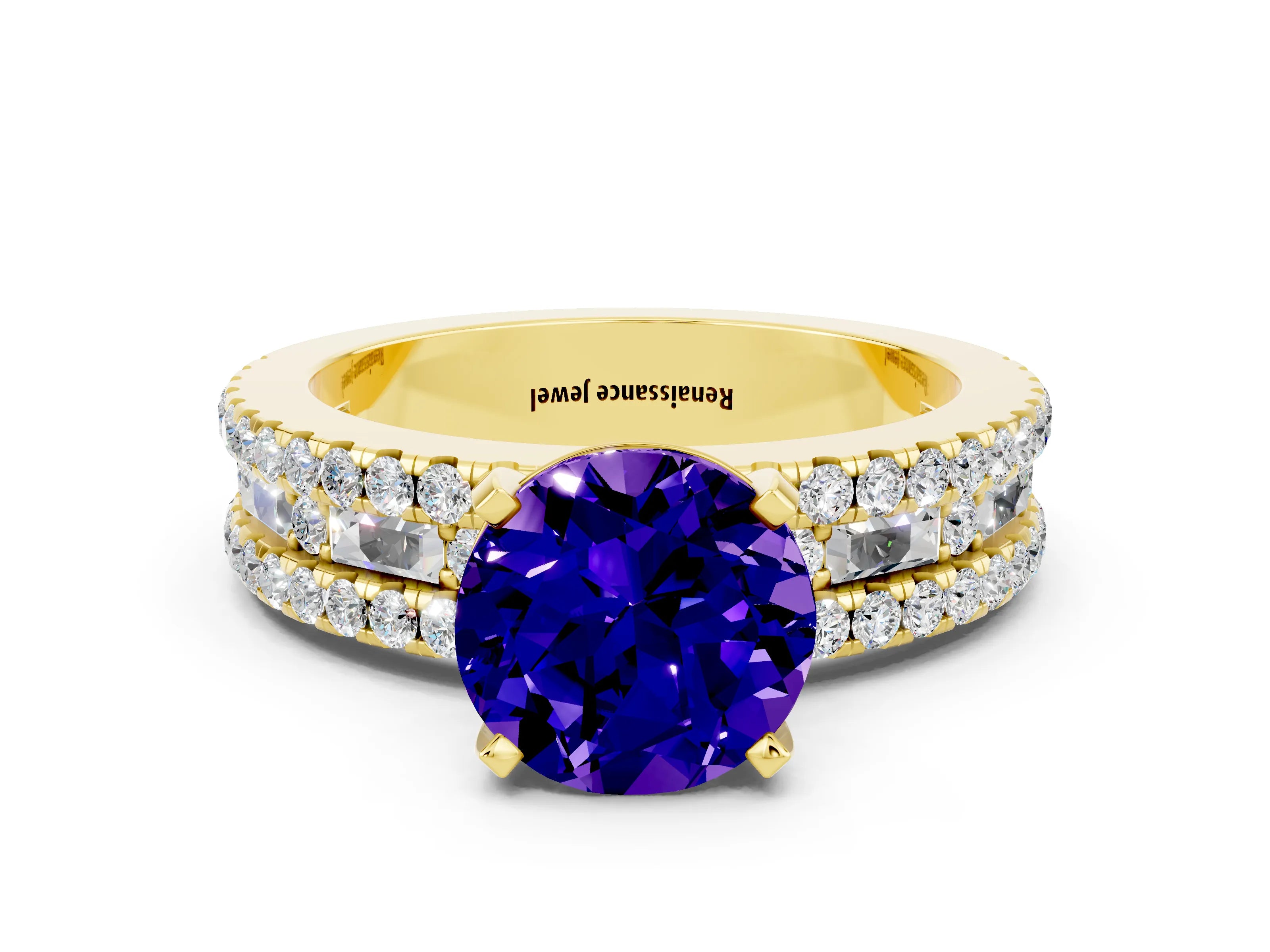 Yellow gold Round Cut Tanzanite Solitaire Ring with Pavé and Channel Set Band