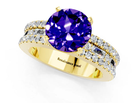 Yellow gold Round Cut Tanzanite Solitaire Ring with Pavé and Channel Set Band_1