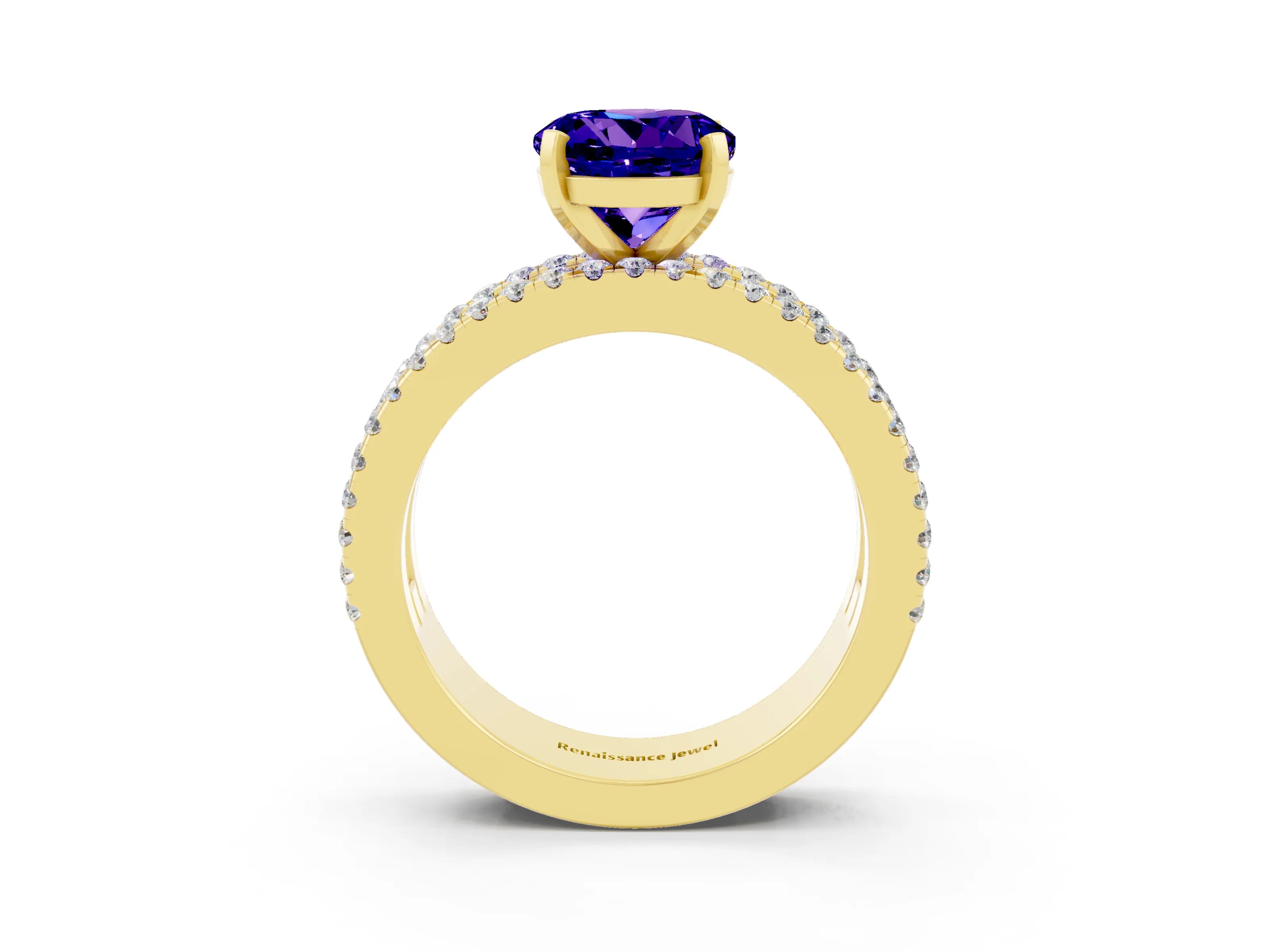 Yellow gold Round Cut Tanzanite Solitaire Ring with Pavé and Channel Set Band_3