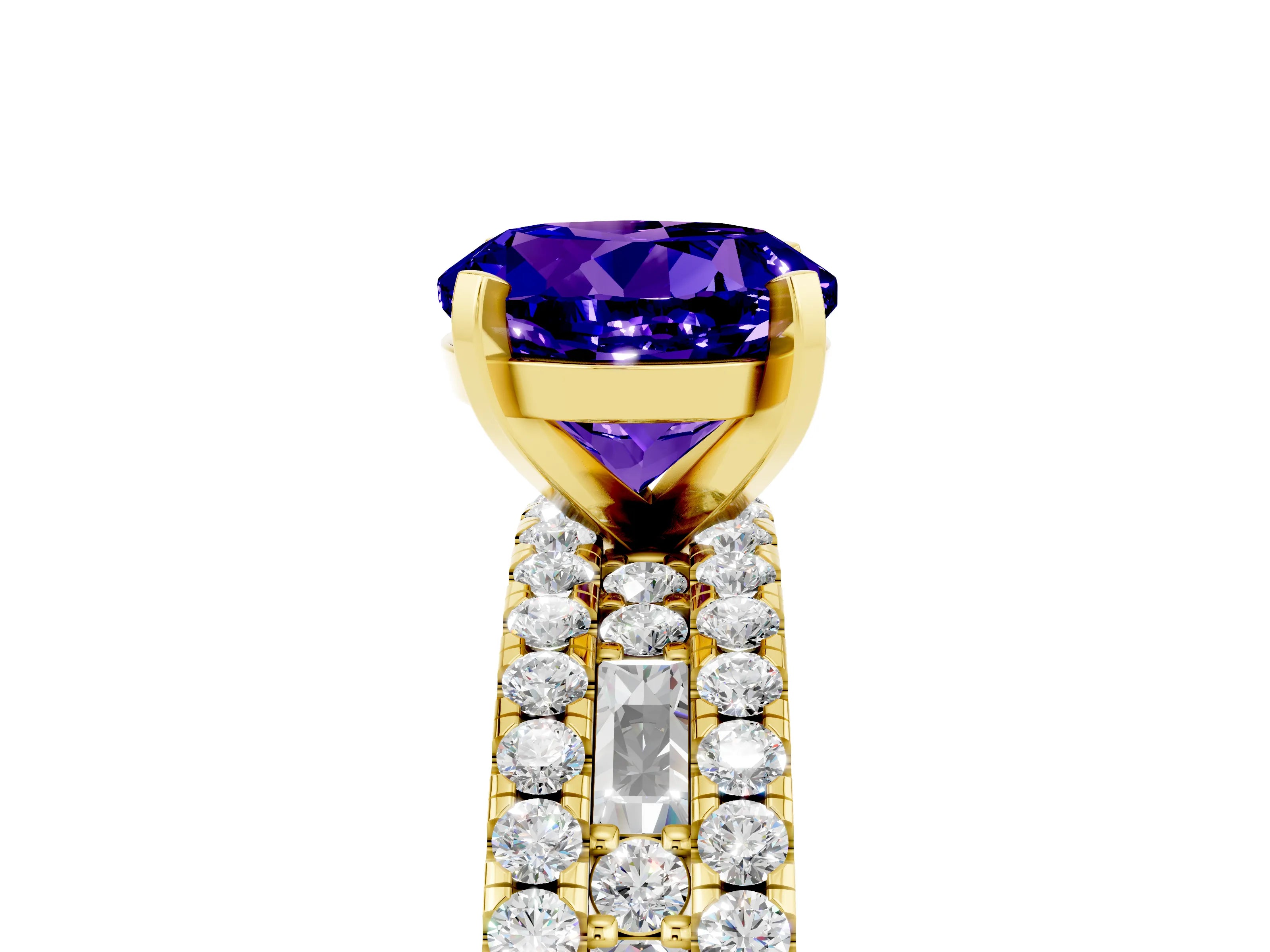 Yellow gold Round Cut Tanzanite Solitaire Ring with Pavé and Channel Set Band_5