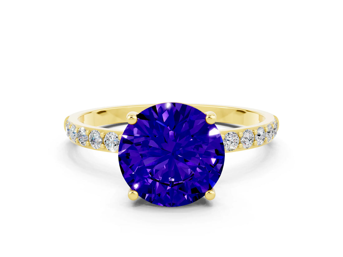 Yellow gold Round Cut Tanzanite Solitaire Ring with Pave Band and Four Prong Setting_12