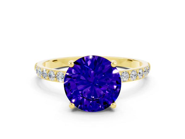 Yellow gold Round Cut Tanzanite Solitaire Ring with Round  Pavé Band and Prong Setting