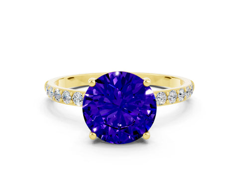 Yellow gold Round Cut Tanzanite Solitaire Ring with Pave Band and Four Prong Setting_12