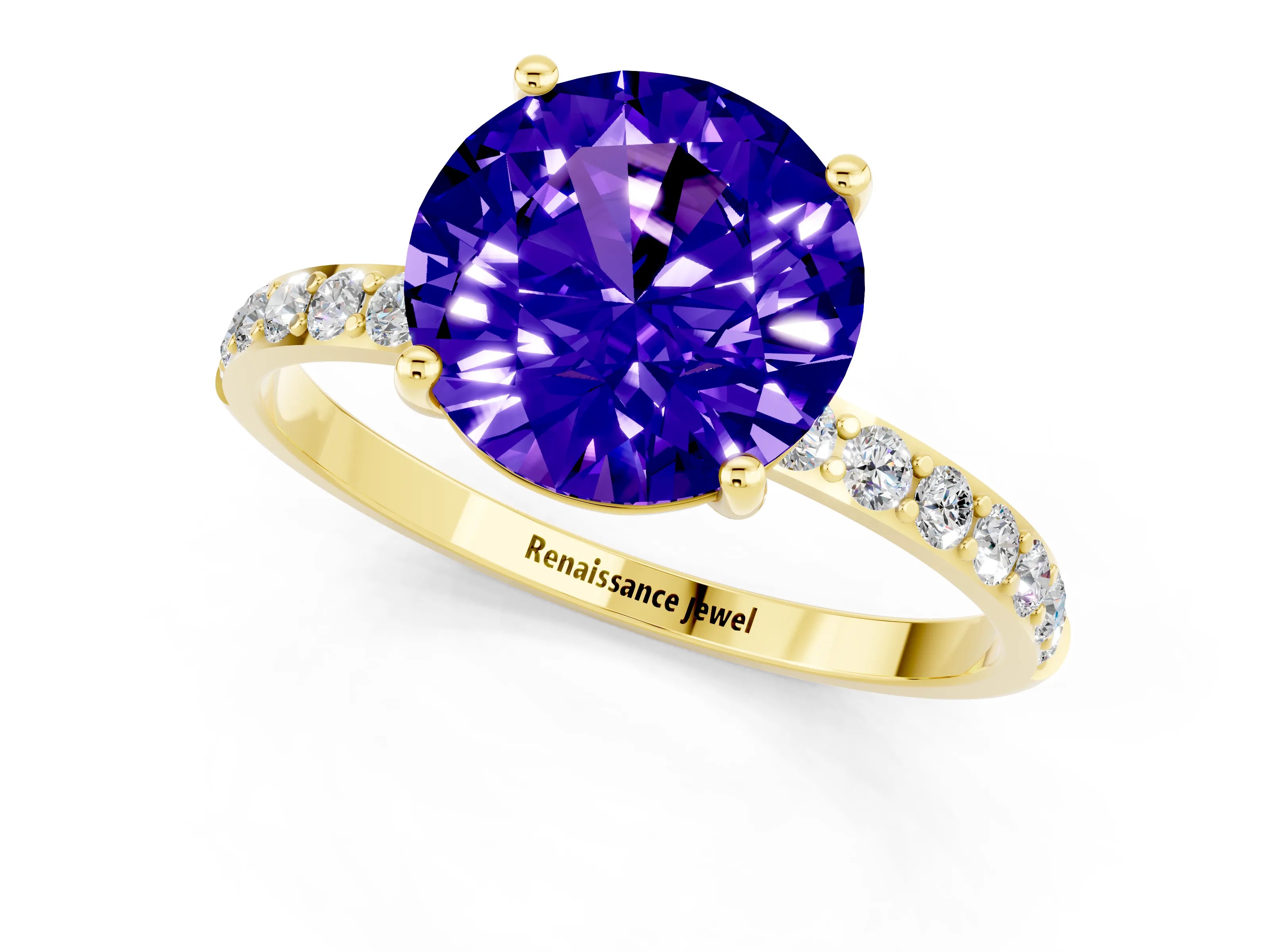 Yellow gold Round Cut Tanzanite Solitaire Ring with Pave Band and Four Prong Setting_13