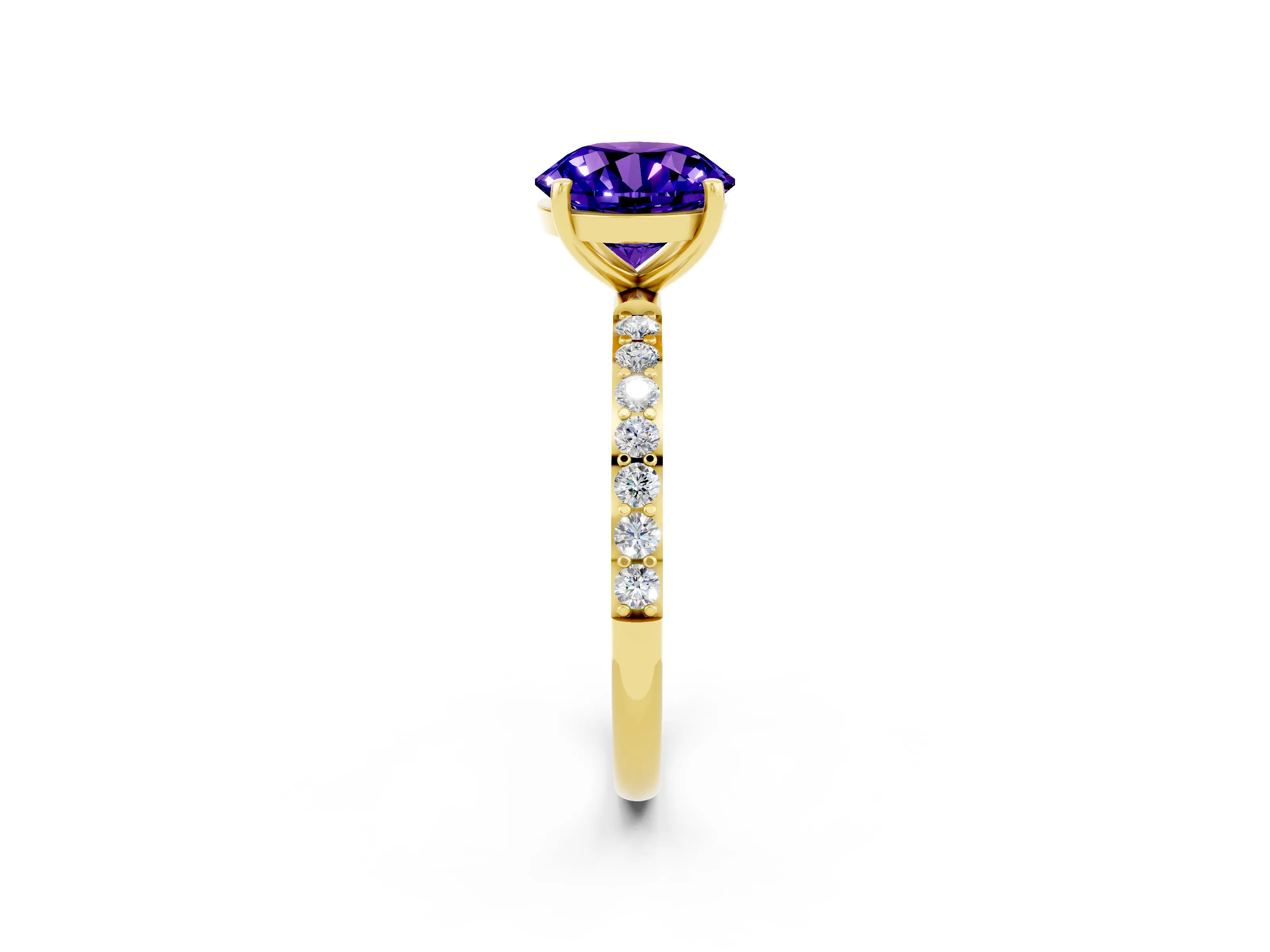 Yellow gold Round Cut Tanzanite Solitaire Ring with Pave Band and Four Prong Setting_14