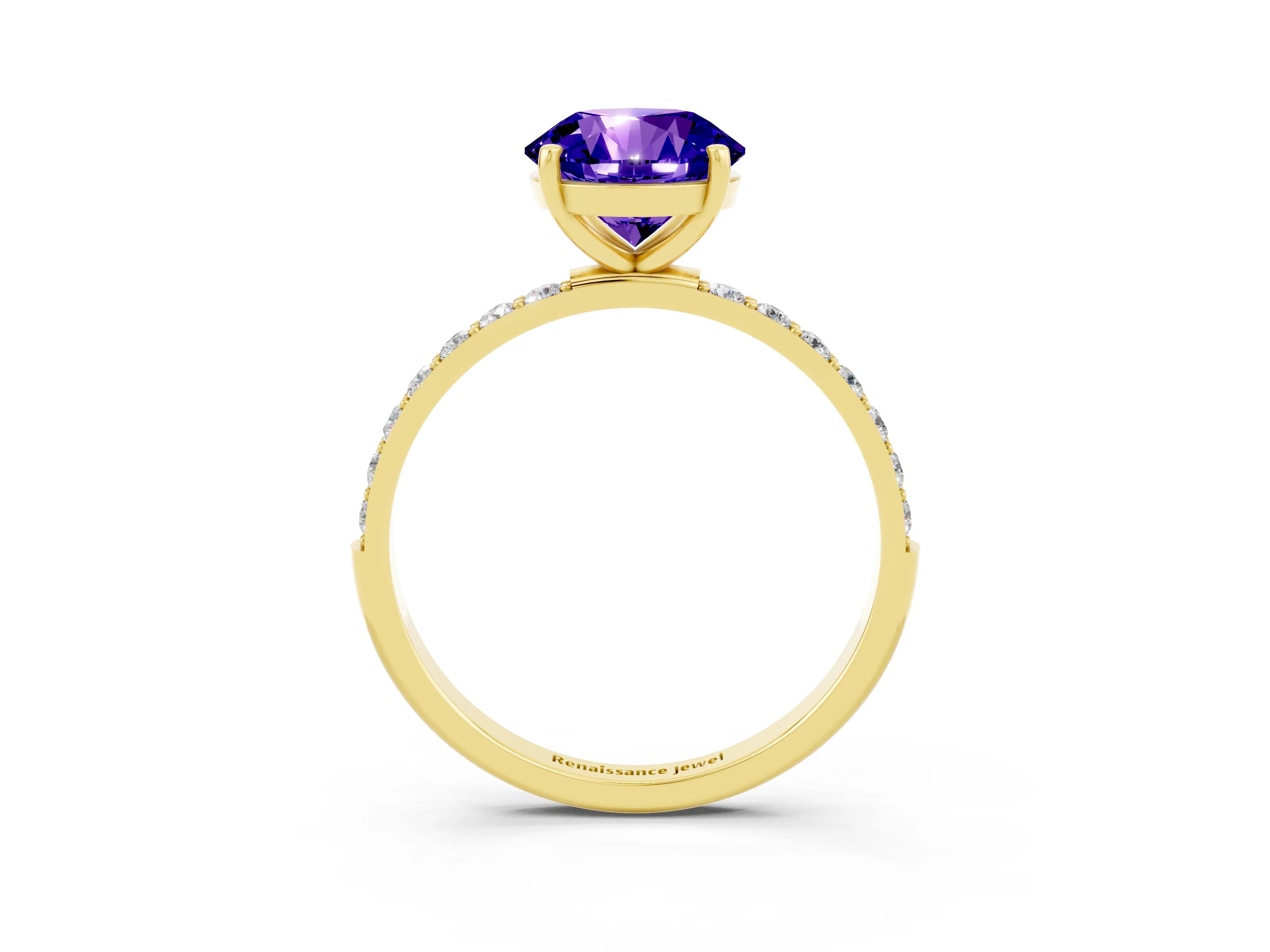 Yellow gold Round Cut Tanzanite Solitaire Ring with Pave Band and Four Prong Setting_15