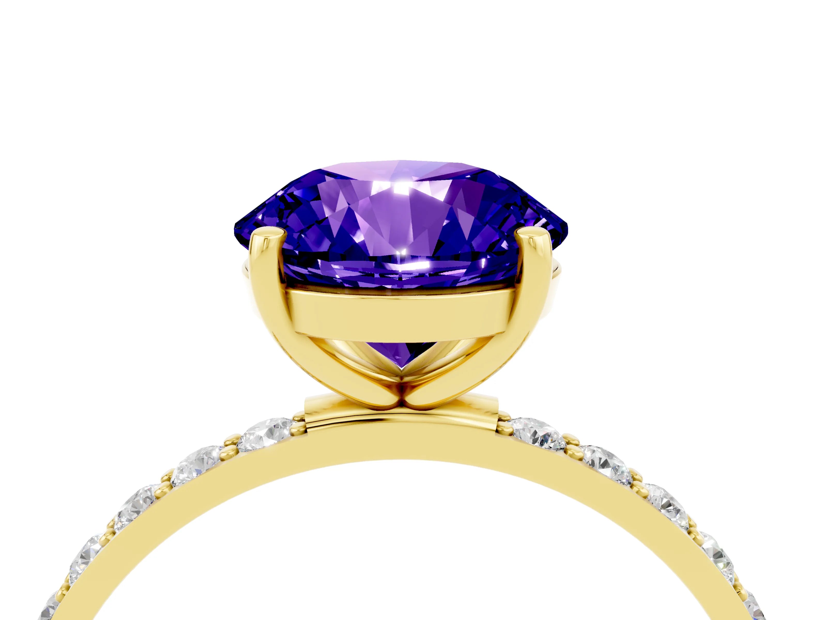 Yellow gold Round Cut Tanzanite Solitaire Ring with Pave Band and Four Prong Setting_16
