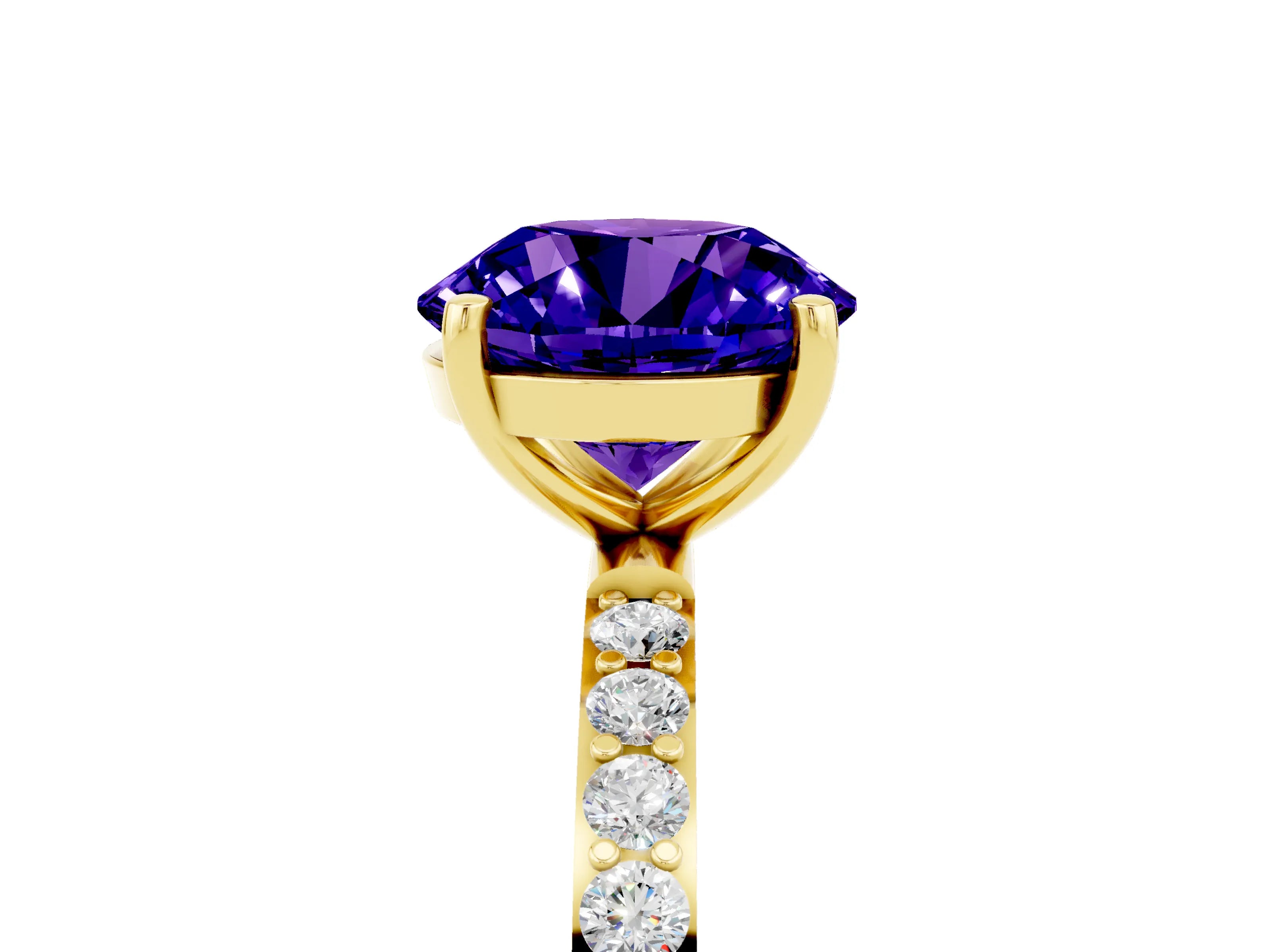 Yellow gold Round Cut Tanzanite Solitaire Ring with Pave Band and Four Prong Setting_17