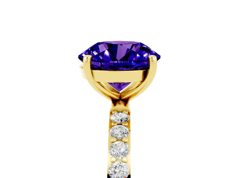 Yellow gold Round Cut Tanzanite Solitaire Ring with Pave Band and Four Prong Setting_17