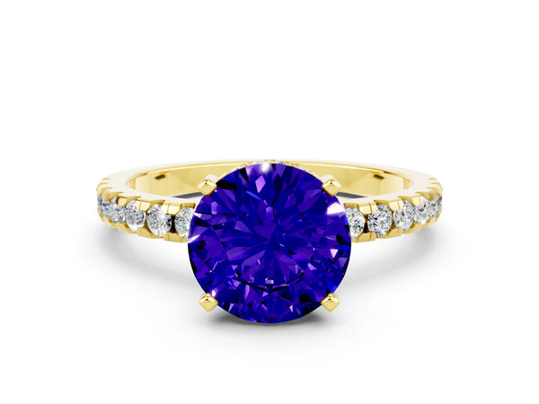 Yellow gold Round Cut Tanzanite Solitaire Ring with Round  Pavé Band and Four-Prong Setting