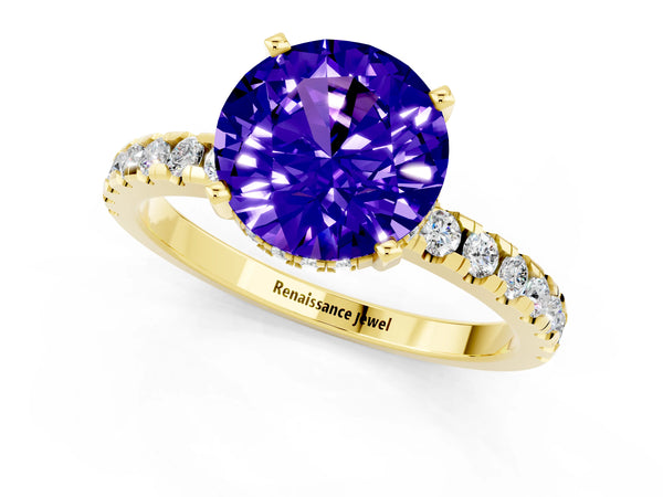 Yellow gold Round Cut Tanzanite Solitaire Ring with Round  Pavé Band and Four-Prong Setting