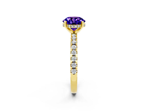 Yellow gold Round Cut Tanzanite Solitaire Ring with Round  Pavé Band and Four-Prong Setting