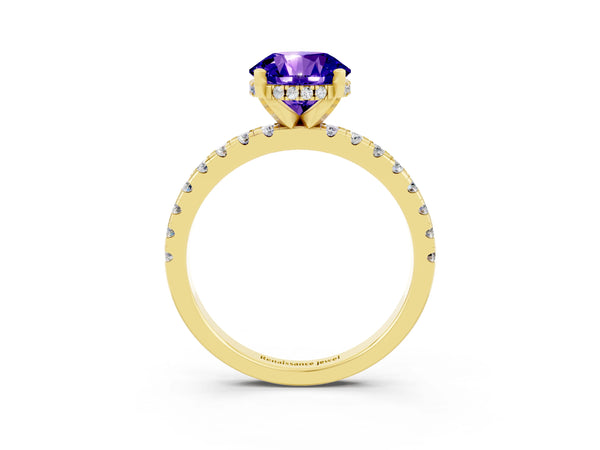 Yellow gold Round Cut Tanzanite Solitaire Ring with Round  Pavé Band and Four-Prong Setting