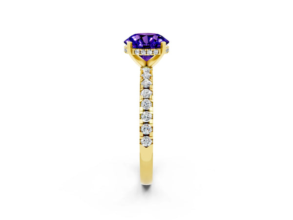 Yellow gold Round Cut Tanzanite Solitaire Ring with Round Pavé Band and Four-Prong Setting