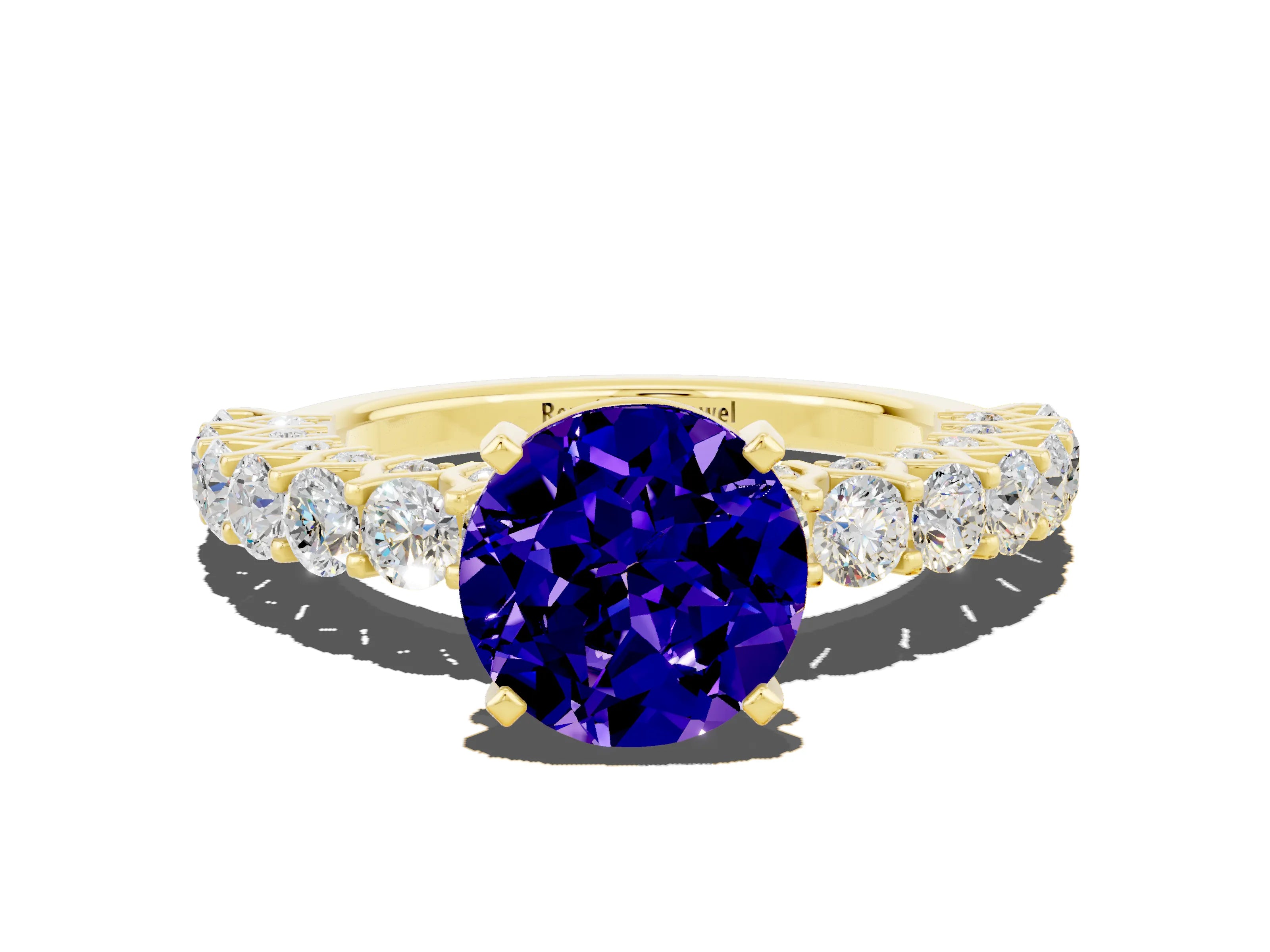Yellow gold Round Cut Tanzanite Solitaire Ring with Shared Prong Pavé Band and Four-Prong Setting