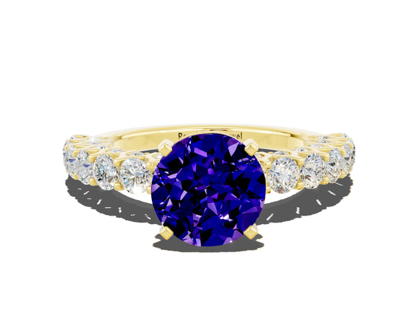 Yellow gold Round Cut Tanzanite Solitaire Ring with Shared Prong Pavé Band and Four-Prong Setting