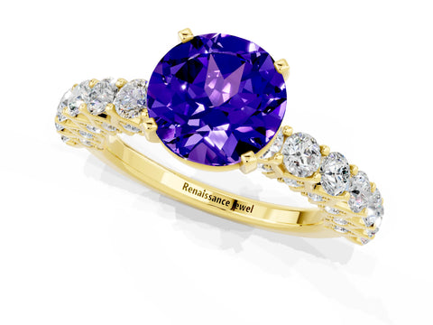Yellow gold Round Cut Tanzanite Solitaire Ring with Shared Prong Pavé Band and Four-Prong Setting_1