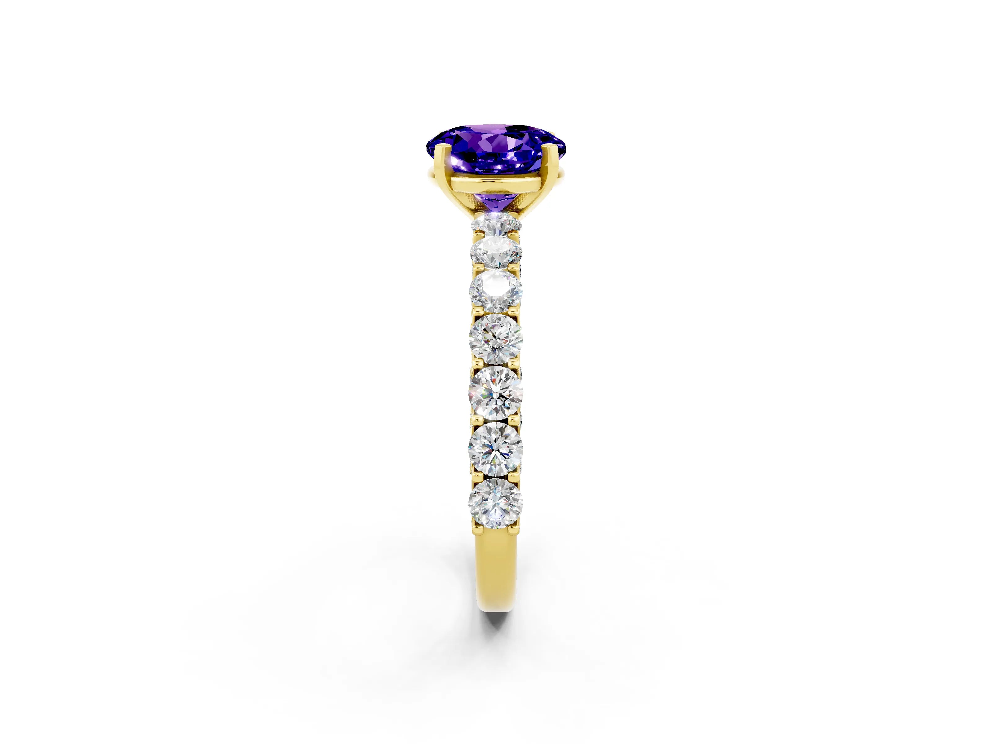 Yellow gold Round Cut Tanzanite Solitaire Ring with Shared Prong Pavé Band and Four-Prong Setting_2
