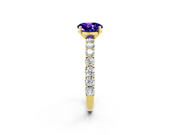 Yellow gold Round Cut Tanzanite Solitaire Ring with Shared Prong Pavé Band and Four-Prong Setting