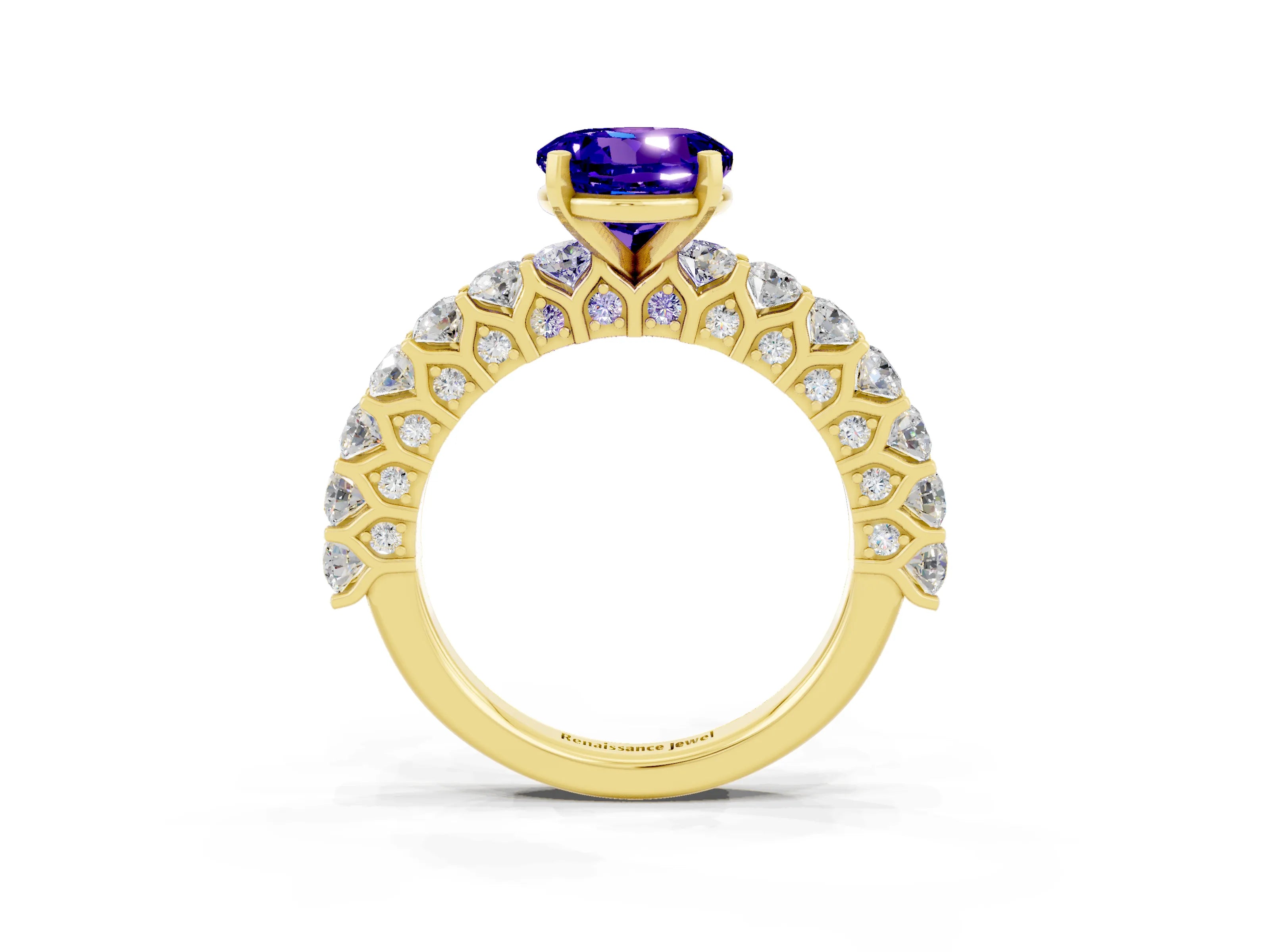 Yellow gold Round Cut Tanzanite Solitaire Ring with Shared Prong Pavé Band and Four-Prong Setting_3
