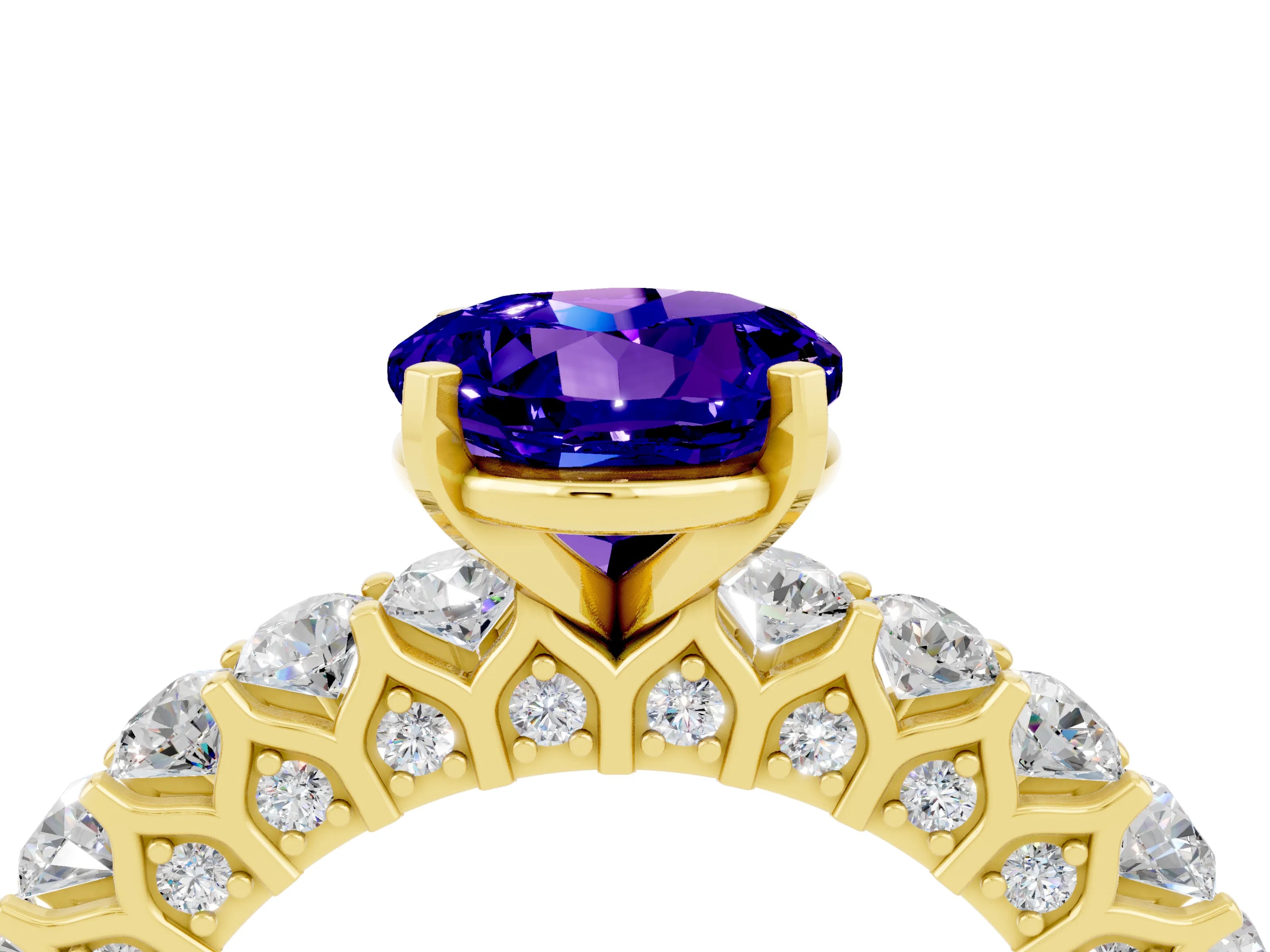 Yellow gold Round Cut Tanzanite Solitaire Ring with Shared Prong Pavé Band and Four-Prong Setting_4
