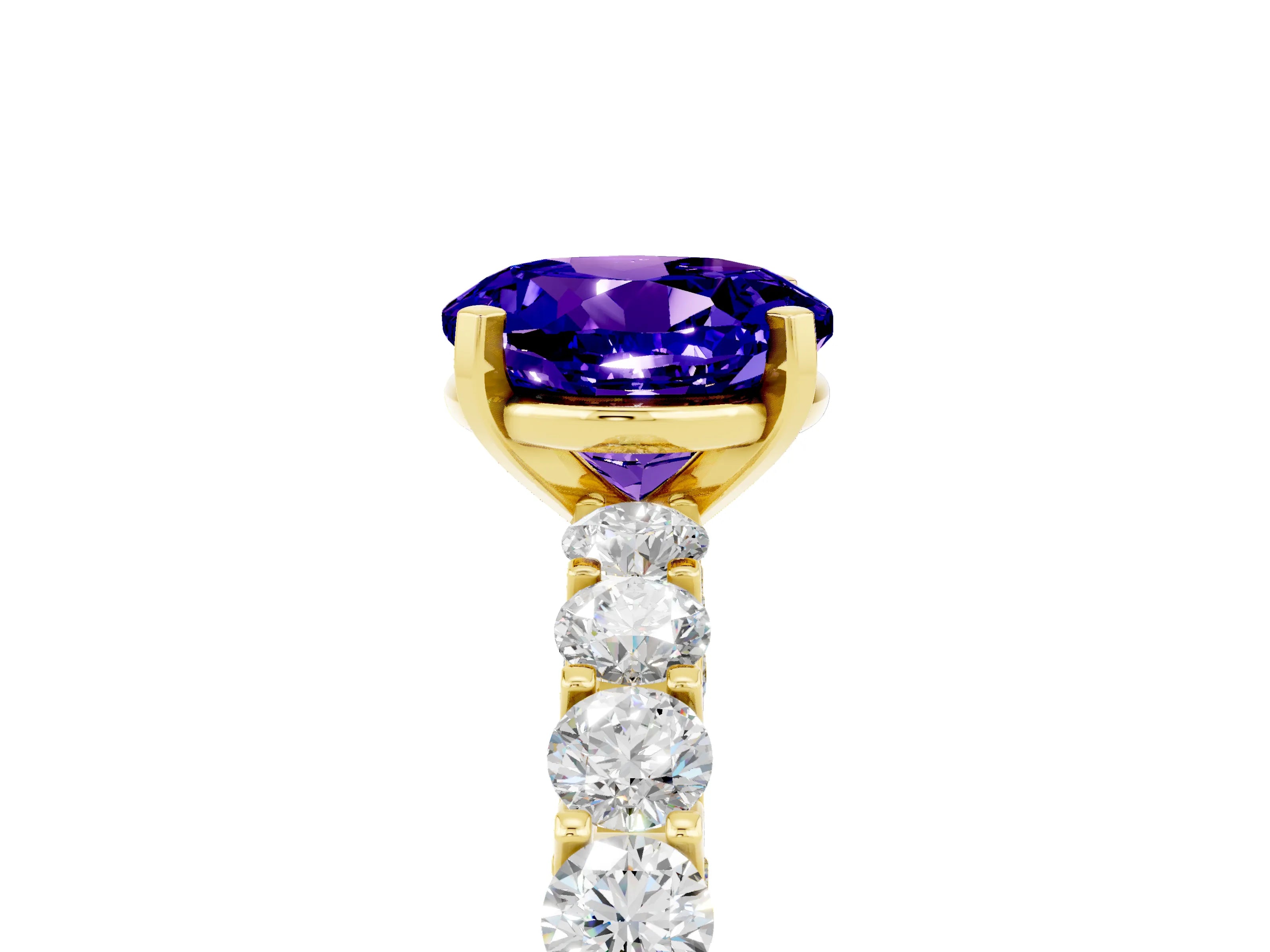 Yellow gold Round Cut Tanzanite Solitaire Ring with Shared Prong Pavé Band and Four-Prong Setting_5