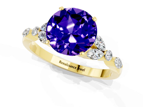 Yellow gold Round Cut Tanzanite Solitaire Ring with Side Stones and Four-Prong Setting_13