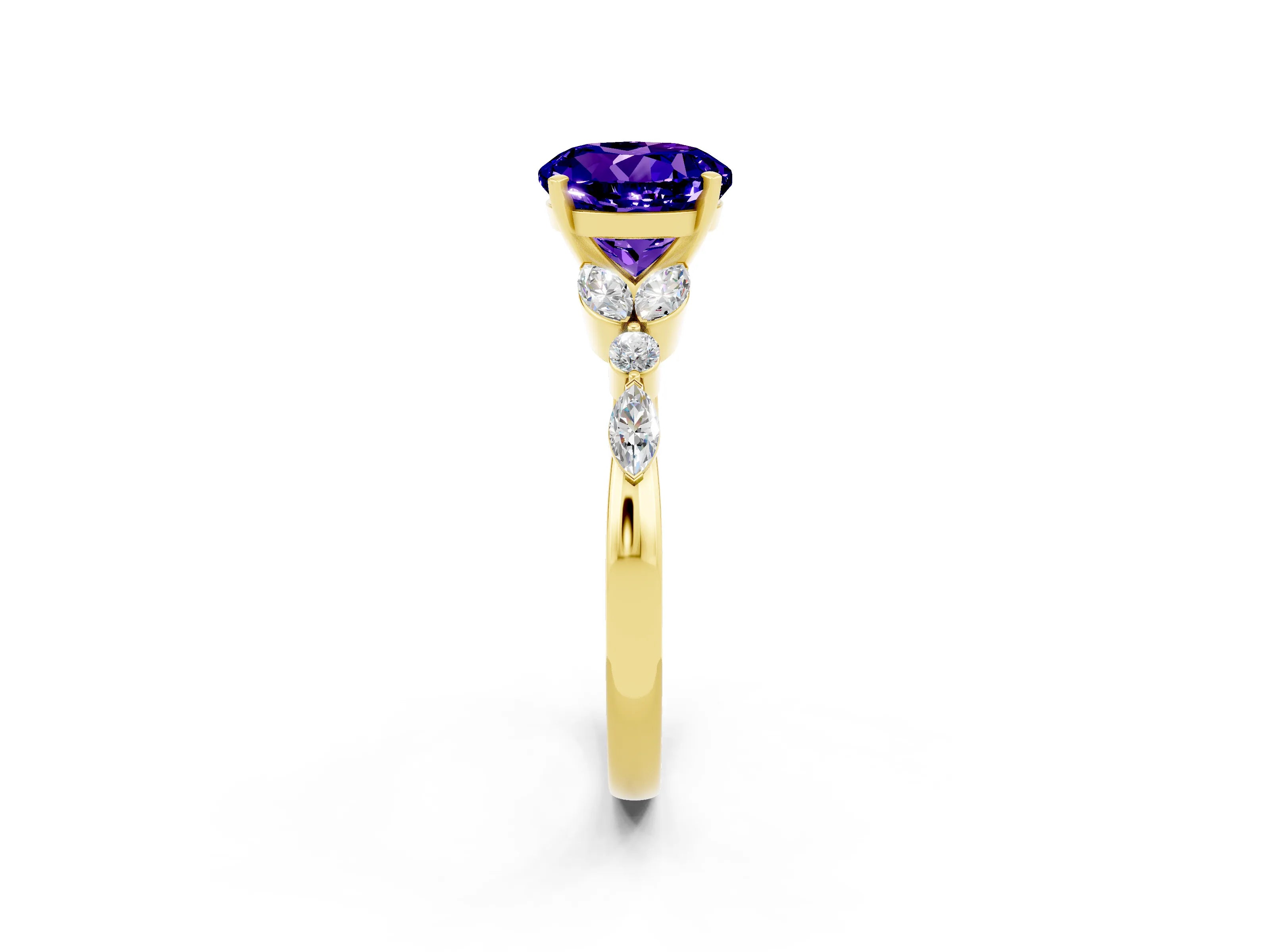 Yellow gold Round Cut Tanzanite Solitaire Ring with Side Stones and Four-Prong Setting_14