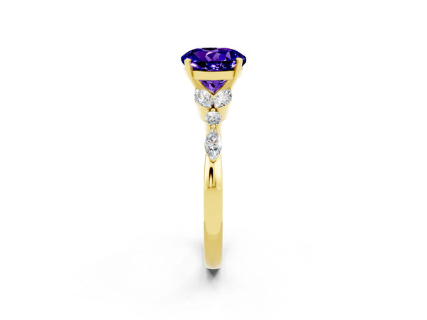 Yellow gold Round Cut Tanzanite Solitaire Ring with Side Stones and Four-Prong Setting