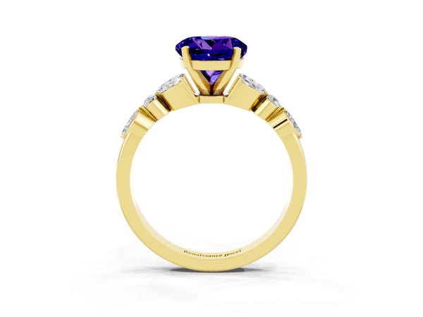 Yellow gold Round Cut Tanzanite Solitaire Ring with Side Stones and Four-Prong Setting