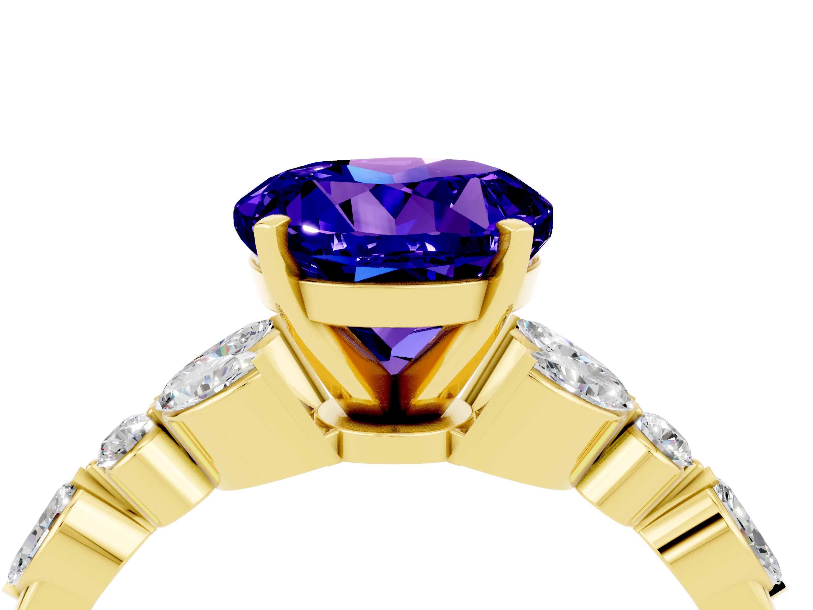 Yellow gold Round Cut Tanzanite Solitaire Ring with Side Stones and Four-Prong Setting_16
