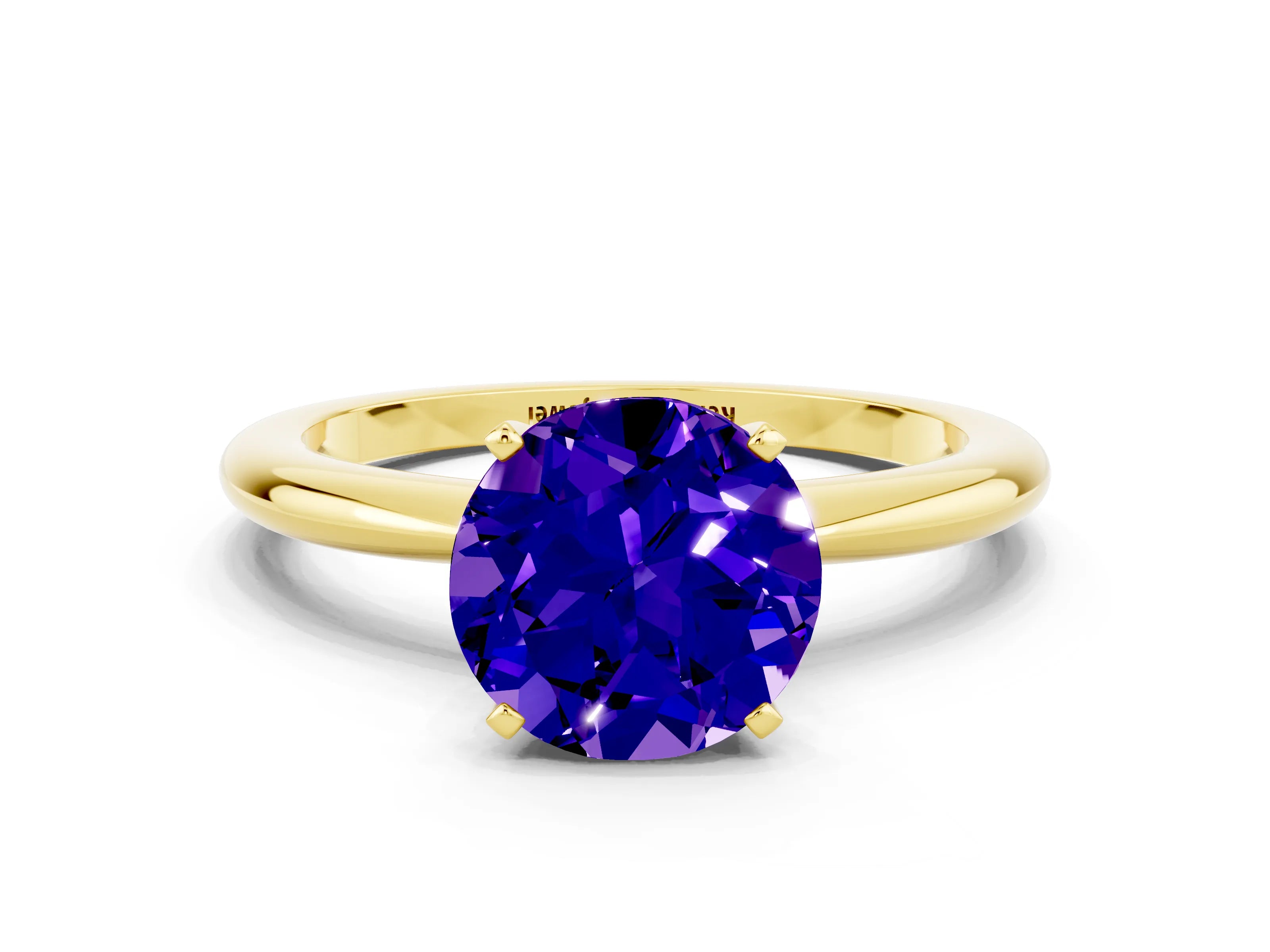Yellow gold Round Cut Tanzanite Solitaire Ring with Six-Prong Setting and Classic Band