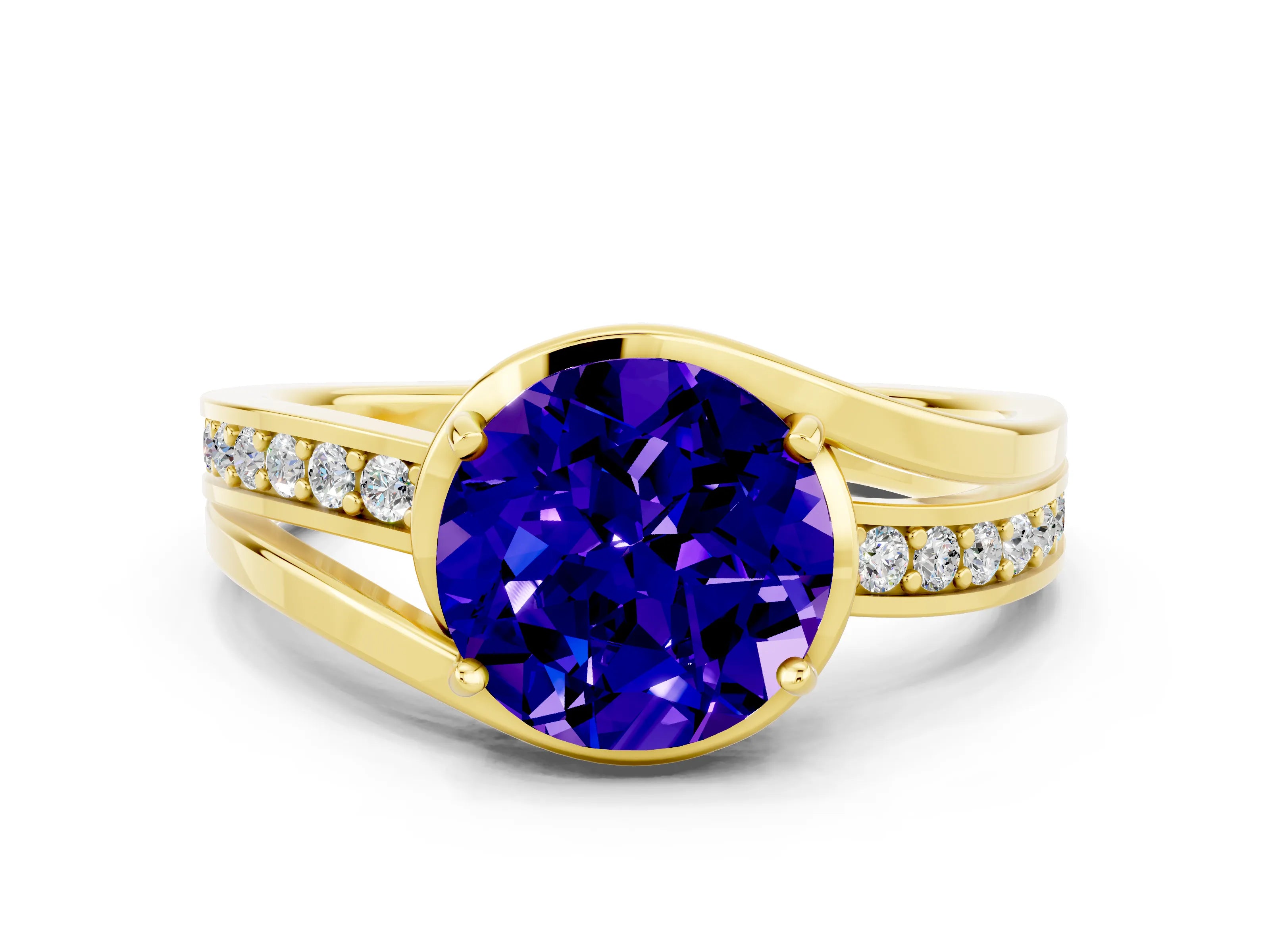 Yellow gold Round Cut Tanzanite Solitaire Ring with Split Shank and Prong Setting