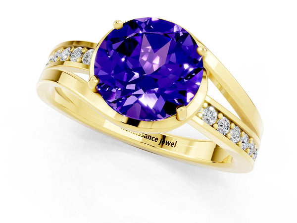 Yellow gold Round Cut Tanzanite Solitaire Ring with Split Shank and Prong Setting