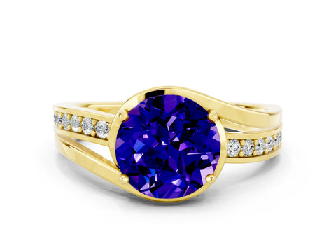Yellow gold Round Cut Tanzanite Solitaire Ring with Split Shank and Prong Setting
