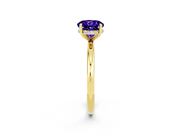 Yellow gold Round Cut Tanzanite Solitaire Ring with Thin Band and Four-Prong Setting